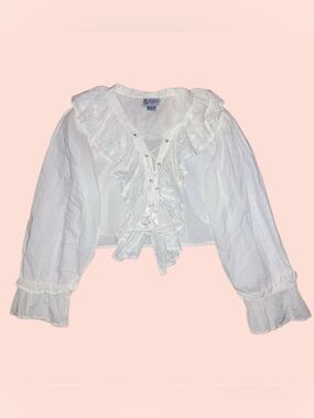 Vintage White Cotton Ruffle Lace-Up Cropped Blouse